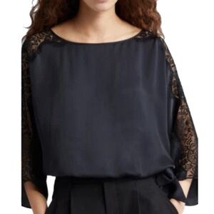 NWT Ramy Brook “Alessia” Solid Black Lace Accent Blouse Size L MSRP $395